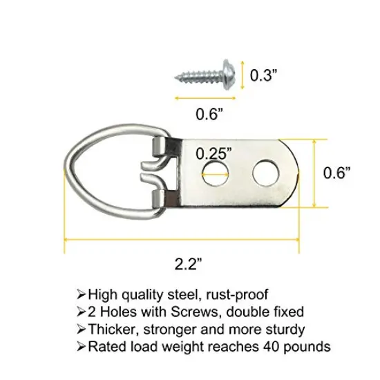 EesTeck 20 Pack D-Ring Steel Picture Hangers Heavy Duty with Screws Picture Frames Double Holes Clasp Picture Hang Solutions, for Hanging Clock Paintings Artwork Picture Frame Hook Photos Mirrors {5}