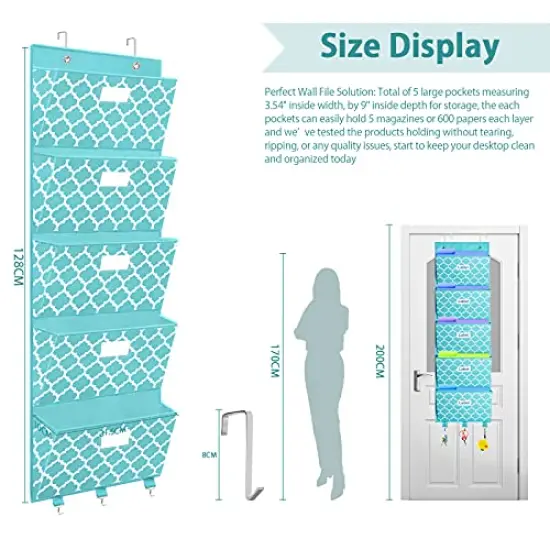Hanging Wall Mounted Storage Holder Pocket Chart for Magazine, Notebooks, Planners, Mails, 5 Extra Large Pockets(Blue withLantern Pattern) {2}