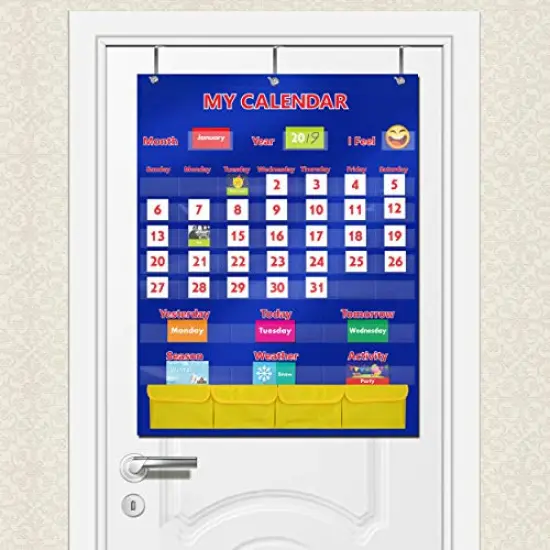 Calendar and Weather Pocket Chart with 148 Cards 108 Illustrated Activity Cards 40 Dry Erasable Flash Cards and 3 Hooks 28 x 35.5 Inches {2}