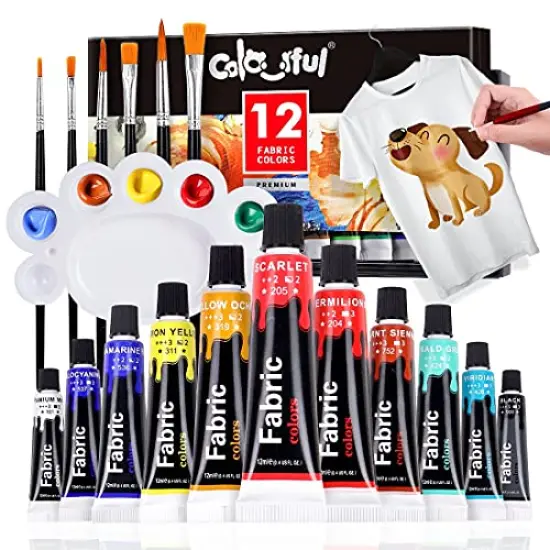 Fabric Paint Set for Clothes - 12 Colors with 6 Brushes and 1 Palette, Permanent Textile Paint Kit for Shoes and Canvas, Non-Toxic Slick Painting Set for Adults, Beginners, and Artists {2}