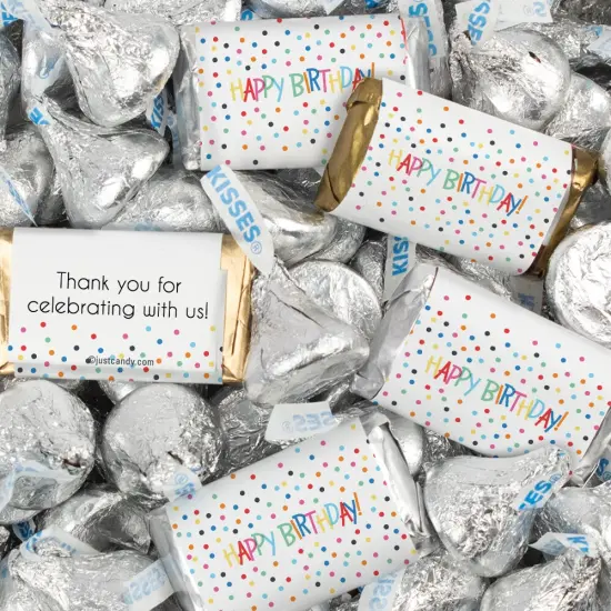 Birthday Candy Party Favors Hershey's Miniatures and Kisses - Colorful Dots Silver {1}