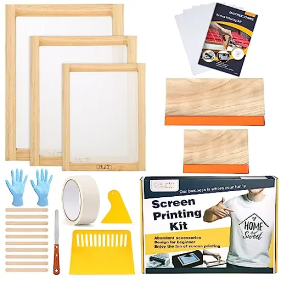 23 Pieces Screen Printing Starter kit Include 3 Different Size of Wood Silk Screen Printing Frame with Mesh, Screen Printing Squeegees, Inkjet Transparency Film, Ink Knife, and Mask Tape {1}
