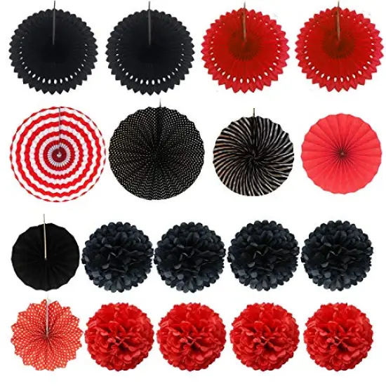 Party Decoration, 21 Pcs Black and Red Hanging Paper Fans Pom Poms Flowers, Garlands String Polka Dot and Triangle Bunting Flags for Minnie Mouse Birthday Parties Baby Showers Wedding {3}