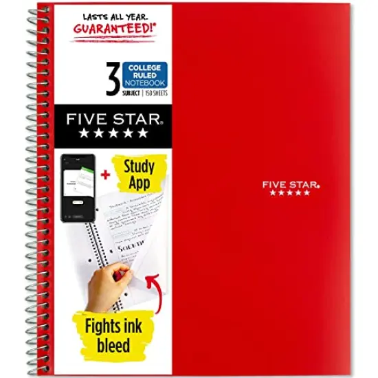 Five Star Spiral Notebook + Study App, 3-Subject, College Ruled Paper, Fights Ink Bleed, Water Resistant Cover, 8-1/2" x 11", 150 Sheets, Red (72065) {1}