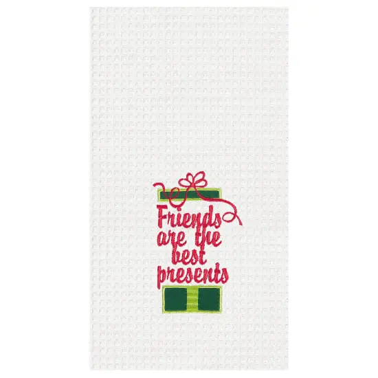 27" x 18" Christmas Presents w/ String Bow "Friends Are The Best Presents" Embroidered Cotton Waffle Weave Kitchen Dishtowel {1}