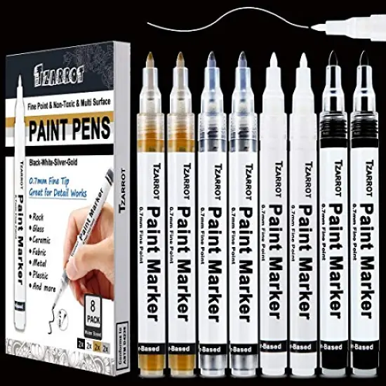 White Paint Pen 8-Pack 0.7mm Acrylic Paint Pens Includes 2 White, 2 Black, 2 Gold, 2 Silver Permanent Markers for Wood, Rock, Fabric, Metal, Plastic, and Ceramic Extra Fine Tip {2}