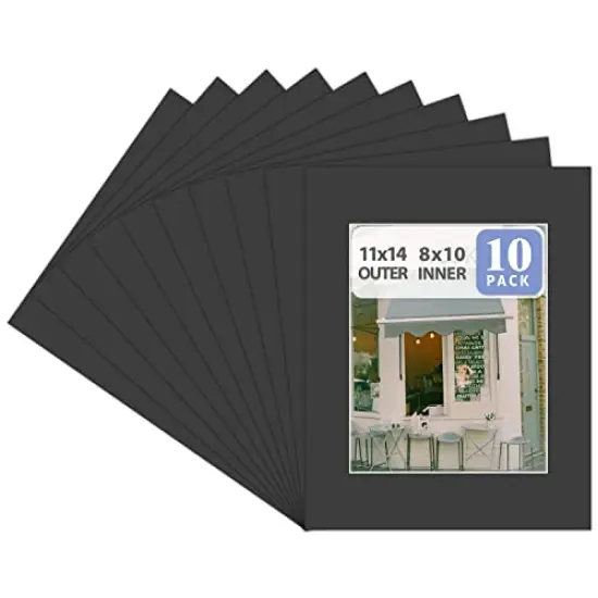 Pack of 10, Acid-Free Black Pre-Cut 11x14 Picture Mat for 8x10 Photo with White Core Bevel Cut Frame Mattes {1}