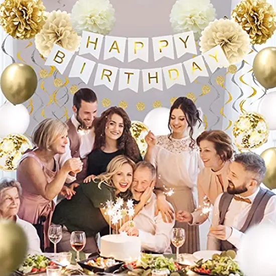 Gold Birthday Party Decorations - Happy Birthday Banner and Supplies for 16th, 18th, 21st, 30th, 40th, 50th, 60th, and 70th Celebrations, Including Gold and White Balloons {3}