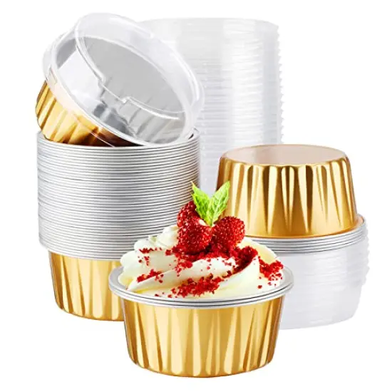 50 Pck Disposable Ramekins, Gold 50pcs 5oz Mini Aluminium Foil Baking Cups with Lids Creme Brulee Cupcake Liners, Desert Cheesecake Pans Flan Molds Tin Cups Containers for Party Favor Birthday {1}