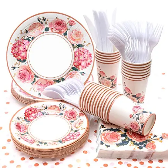 Floral Party Supplies, (Serves 24) Rose Flower Disposable Paper Plates Cups Napkin, Knives Spoons Forks, Tableware Sets for Baby Shower Birthday Bridal Shower Tea Mothers Day Decorations {1}
