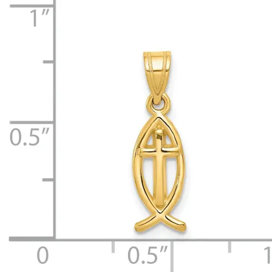 14K Yellow Gold Ichthus Fish Cross Charm Pendant Jewerly 21mm x 7mm {5}