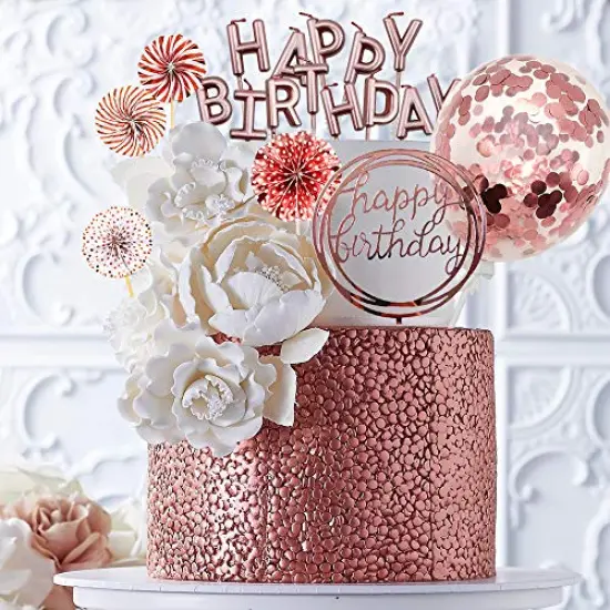 Rose Gold Cake Topper Decoration Set - Includes Happy Birthday Candles, Banner, Confetti Balloons, and Paper Fans for Rose Gold Theme Party Decor for Girls and Women&rsquo;s Birthday Parties {1}
