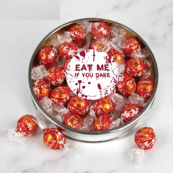 Halloween Candy Gift Tin with Chocolate Lindor Truffles by Lindt Large Plastic Tin with Sticker By Just Candy - Red {1}