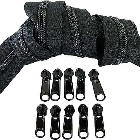 #5 YKK Continuous Nylon Coil Black Zipper Chain Includes #5 Black Non-Locking Long Pulls with Bottom Stops - Color Black - Choose Your Length - Made in The United States (20 Yards & 25 Pulls) {1}