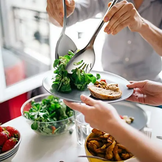Stainless Steel Metal Serving Utensils - Large Set of 9-10" Serving Spoons, 10" Slotted Spoons, and 9" Serving Tongs by Teivio (Silver) {4}