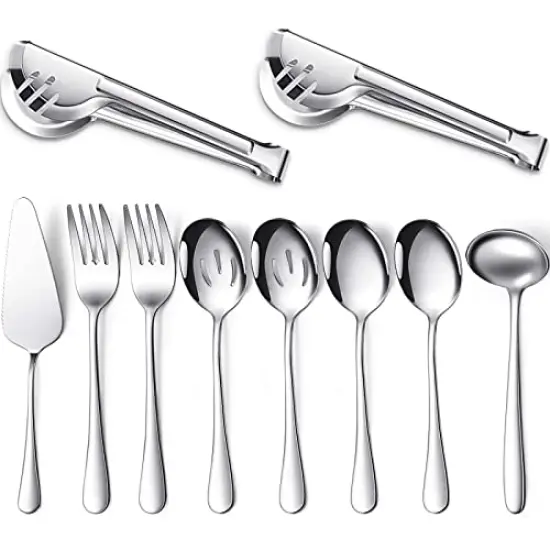 10 Pck Serving Utensils Include Large Serving Spoons Slotted Serving Spoons Serving Forks Serving Tongs Soup Ladle and Pie Server Buffet Catering Serving Utensils for Dishwasher Safe (Silver,10 Pieces) {2}