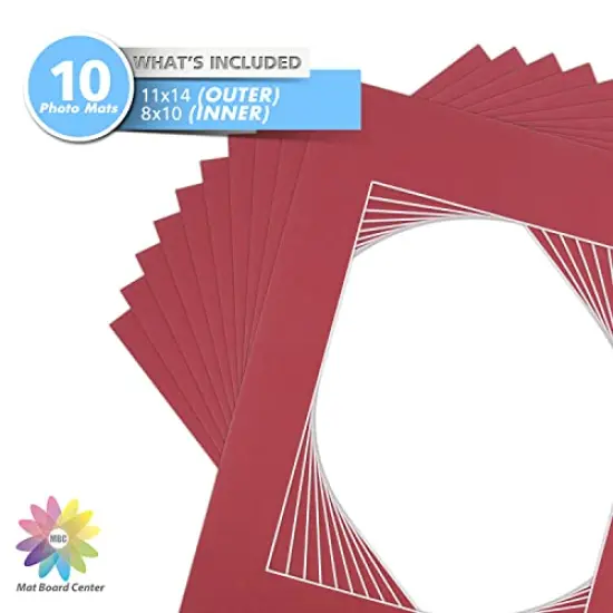 Pack of 10, 11x14 for 8x10 China Red Color Mats - Acid Free, 4-ply Thickness, White Core - for Pictures, Photos, Framing {6}