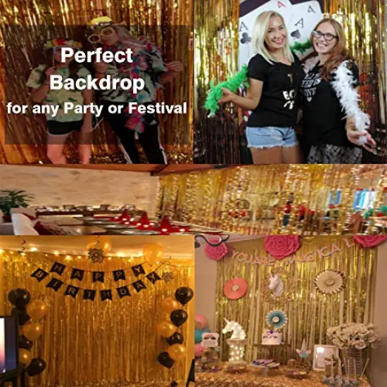 3.2 ft x 9.8 ft Metallic Tinsel Foil Fringe Curtains Party Photo Backdrop Party Streamers for Birthday,Graduation,New Year Eve Decorations Wedding Decor (1 Pack, Gold) {3}