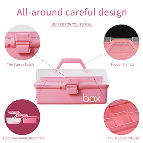 12'' Three-Layer Multipurpose Storage Box Organizer Folding Tool Box/Art & Crafts Case/Sewing Supplies Organizer/Medicine Box/Family First Aid Box with 2 Trays (Pink) {6}