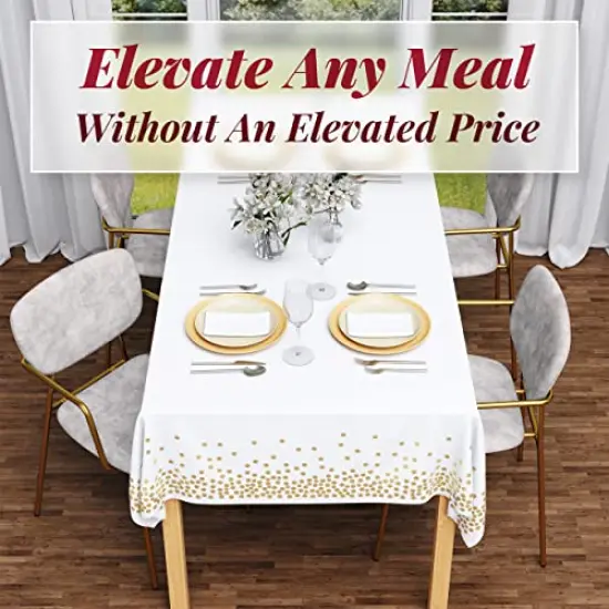 White/Gold Tablecloths, 4pk, 54"x108" - Gold Dot Disposable Tablecloths - Plastic Table Cloth Disposable - White Tablecloths - BBQ, Party, Fine Dining, Wedding, Communion, Baptism Decorations {4}