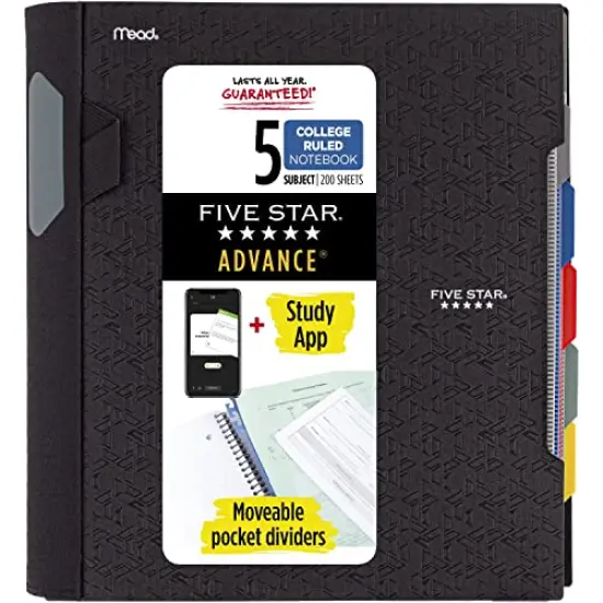 Spiral Notebook with Study App 5-Subject College Ruled Paper Advanced Notebook with Spiral Guard Movable Tabbed Dividers and Expanding Pockets 8-1/2" x 11" 200 Sheets Black {2}