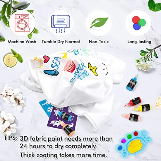 Fabric Paint Set - 45 Colors, 3D Permanent Paint with Brushes, Palette, Fabric Pens, Fabric Sheet, Stencils, Includes Glow in the Dark, Glitter, and Metallic Colors for Textile, T-Shirts, Jeans, and Glass {4}