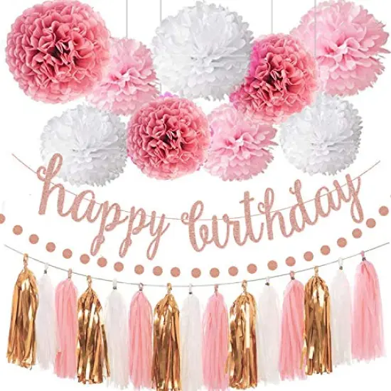Rose Gold and Pink Birthday Party Decorations Set, Glittery Happy Birthday Banner, Tissue Paper Pom Poms, Circle Dots Garland, and Tassel Garland for Party Decor {2}