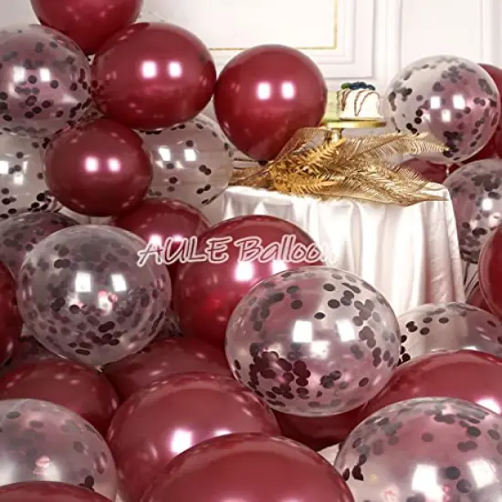 42 Pack Party Balloons - Metallic Burgundy and Confetti Latex Helium Balloons with 64ft Ribbons | 12 Inch Maroon Chrome Balloon Decoration Set {5}