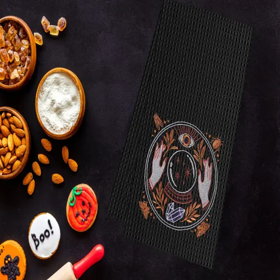 Magic Crystal Ball Halloween Embroidered Cotton Waffle Weave Kitchen Towel {4}