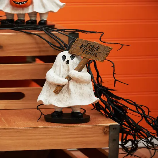 4.5" Kid Ghost Holding Trick-or-Treat Sign Halloween Figurine Decoration {3}