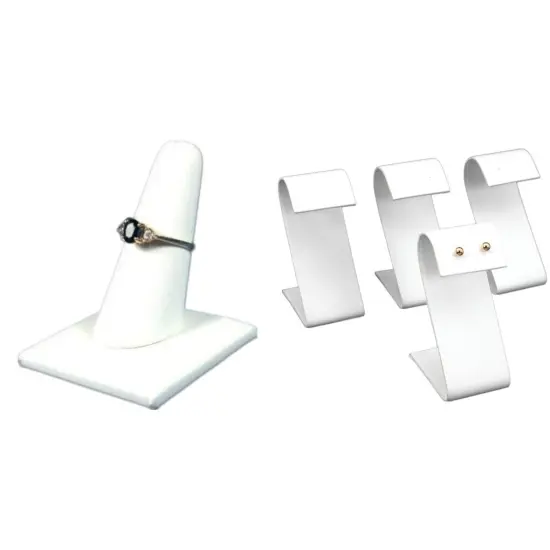 White Faux Leather Ring Finger2"x2 1/4",4 White Leather Earring Display 3.25"  {1}