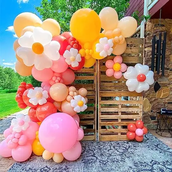 155Pcs Daisy Balloon Arch Garland Kit - Macaron Pink, Yellow, Retro Orange, White Heart Balloons, with Plum Clip and Daisy-Shaped Flowers for Groovy Party Decor, Daisy Theme Wedding, Birthday, and Baby Shower {2}