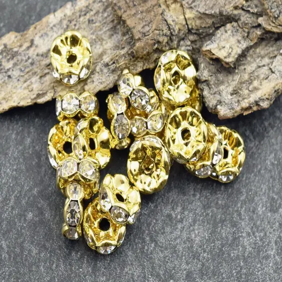 Gold w/ Crystal Rhinestone Wavy Edge Rondelle Spacer Beads {3}