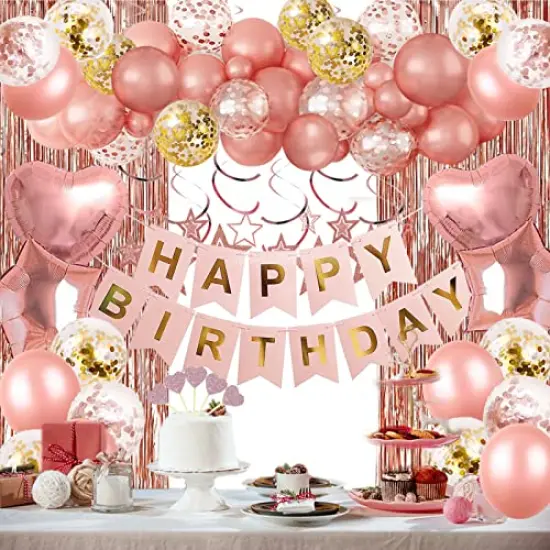 Rose Gold Birthday Party Decorations - Happy Birthday Banner, Rose Gold Fringe Curtain, Heart and Star Foil Confetti Balloons, and Hanging Swirls for Women's and Girls' Princess Parties {1}