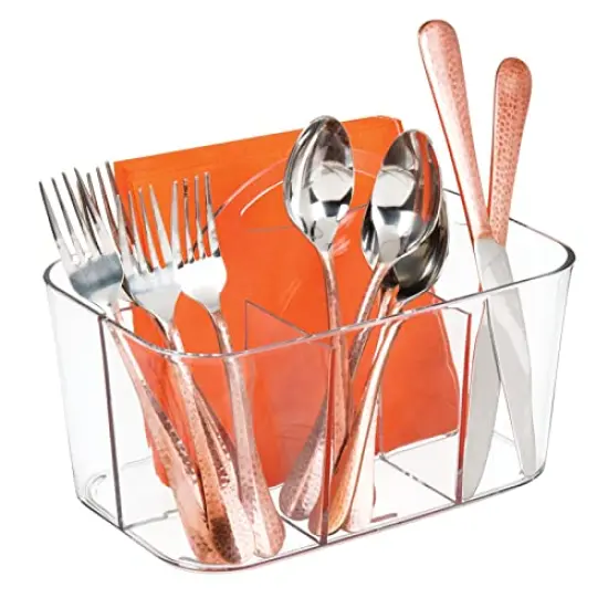 Plastic Cutlery Storage Organizer Caddy Bin Tote with Handle - Kitchen Cabinet Divided Pantry Basket for Forks, Knives, Spoons, Napkins, Indoor/Outdoor Use, Lumiere Collection, Clear {2}