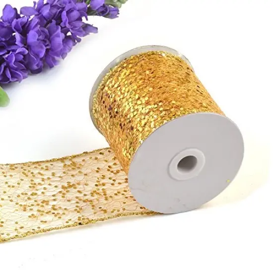 eZthings Decorative Designer Sparkly Sheer Fabric Ribbons for Party Decor and Gift Baskets (10 Yard, Gold(3.5" Width)) {1}