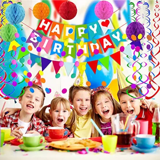 Colorful Happy Birthday Banner with Paper Triangle Flags, Bunting, Circle Confetti Dots, Hanging Garland, Honeycomb Balls, and Swirl Streamers for Birthday and Baby Shower Party Decorations {6}