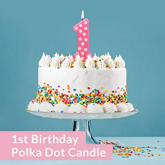 Girl Polka Dot No. 1 Birthday Party Wax Candle For Cake Decorations, 3.25” Tall, Pink & White {1}