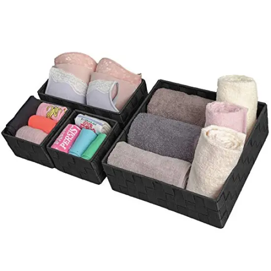 VK Living Woven Storage Box Basket Bin Container, Woven Strap Basket, Nylon Woven Box Basket, Underwear Bra Storage Organizer Divider for Drawer, Dresser, Closet, Black, Set of 4 {3}