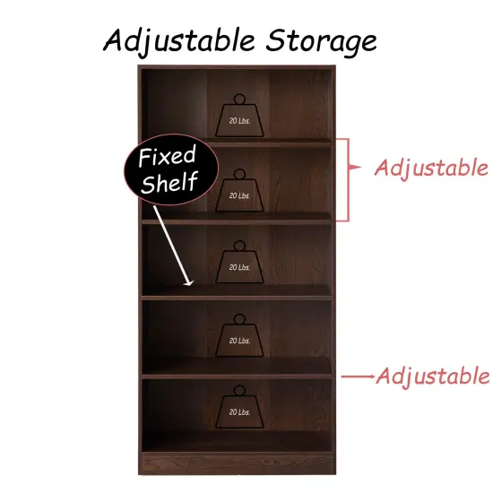 Freestanding Classic Wooden Display Bookshelf, Floor Standing Bookcase, with 5 Open Display Shelves Brown {5}