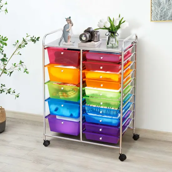 Costway 15 Drawer Rolling Storage Cart Tools Scrapbook Paper Office School Organizer Colorful {2}