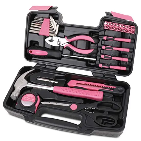 Tools Original 39 Piece General Household Tool Set in Toolbox Storage Case with Essential Hand Tools for Everyday Home Repairs, DIY and Crafts - Pink Ribbon - Pink - DT9706P {2}