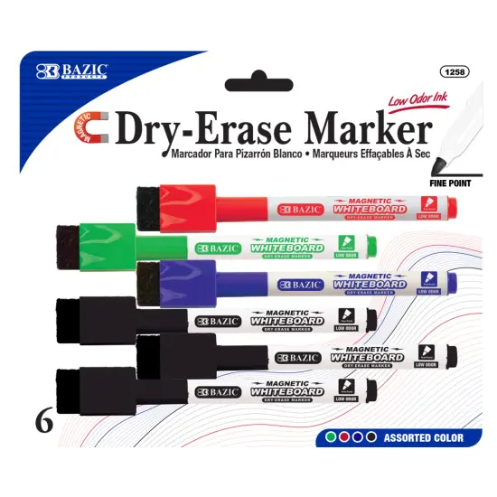BAZIC Magnetic Assorted Color Dry-Erase Markers (6/Pack) {1}