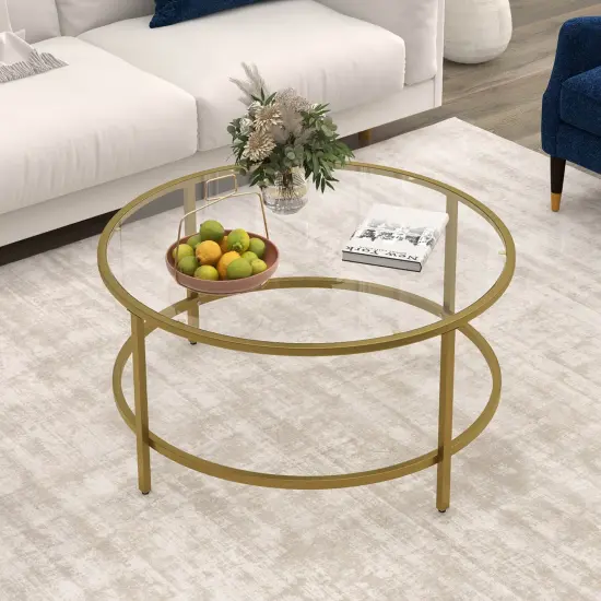 Costway 36'' Round Coffee Table Tempered Glass Tabletop Metal Frame Living Room Black/Golden {4}
