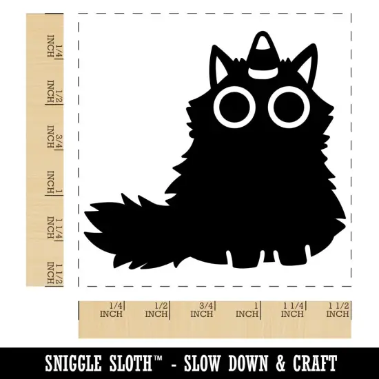 Fluffy Black Cat with Candy Corn Unicorn Horn Halloween Self-Inking Rubber Stamp Ink Stamper {1}