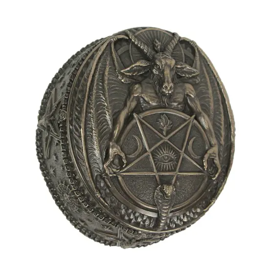 Baphomet With Inverted Pentagram Bronze Finished Round Trinket Box {1}