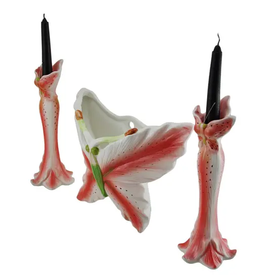 3 Pc. Pink Tiger Lily Flower Candle Holder and Butterfly Vase Set {3}
