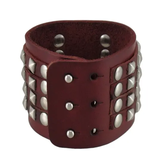 Brown Leather 4 Row Chrome Pyramid Stud Wristband {3}