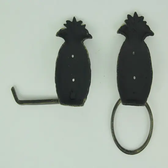 Antique Brass Finish Cast Iron Pineapple Towel and Tissue Holder Wall Decor Set {4}