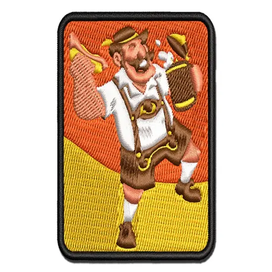 Jolly Bavarian Man in Lederhosen with Beer Stein and Sausage Multi-Color Embroidered Iron-On or Hook & Loop Patch Applique {1}